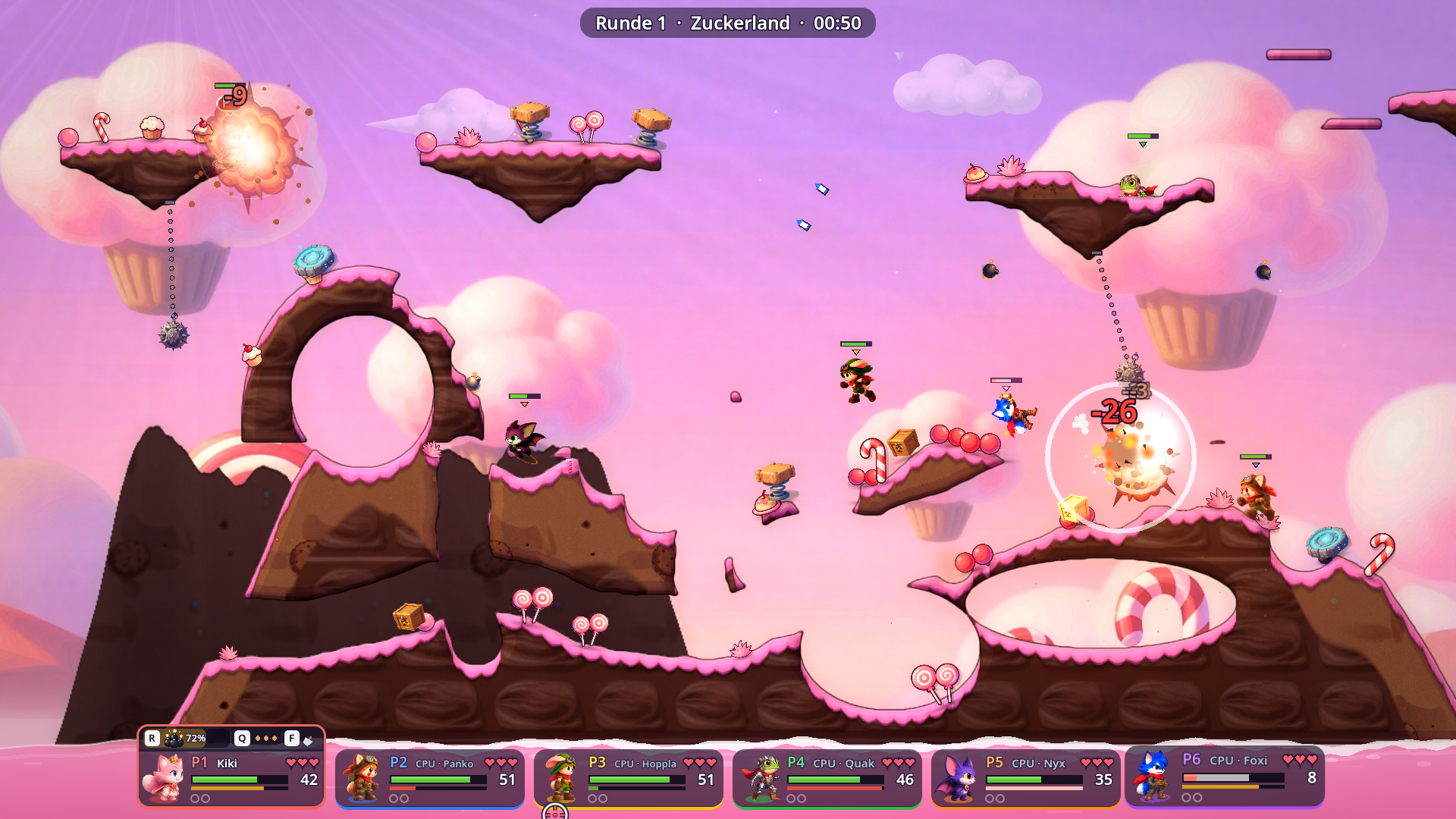 Ein BLASTBUDS-Match mit Explosionen auf den rosa Inseln von Zuckerland